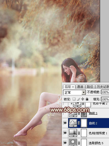 Photoshop给江边的美女加上漂亮的淡调红褐色