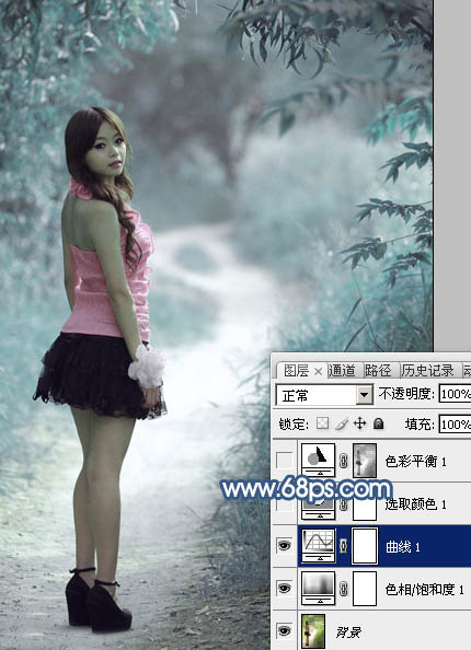 Photoshop打造梦幻的青蓝色春季树景美女图片