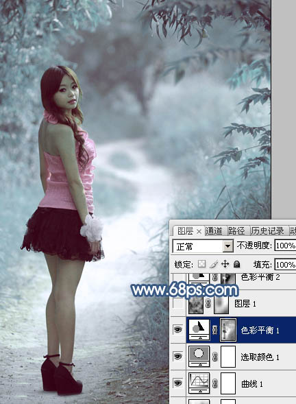 Photoshop打造梦幻的青蓝色春季树景美女图片